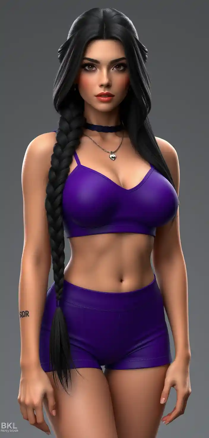 Donna dai capelli neri regale con top corto viola e shorts