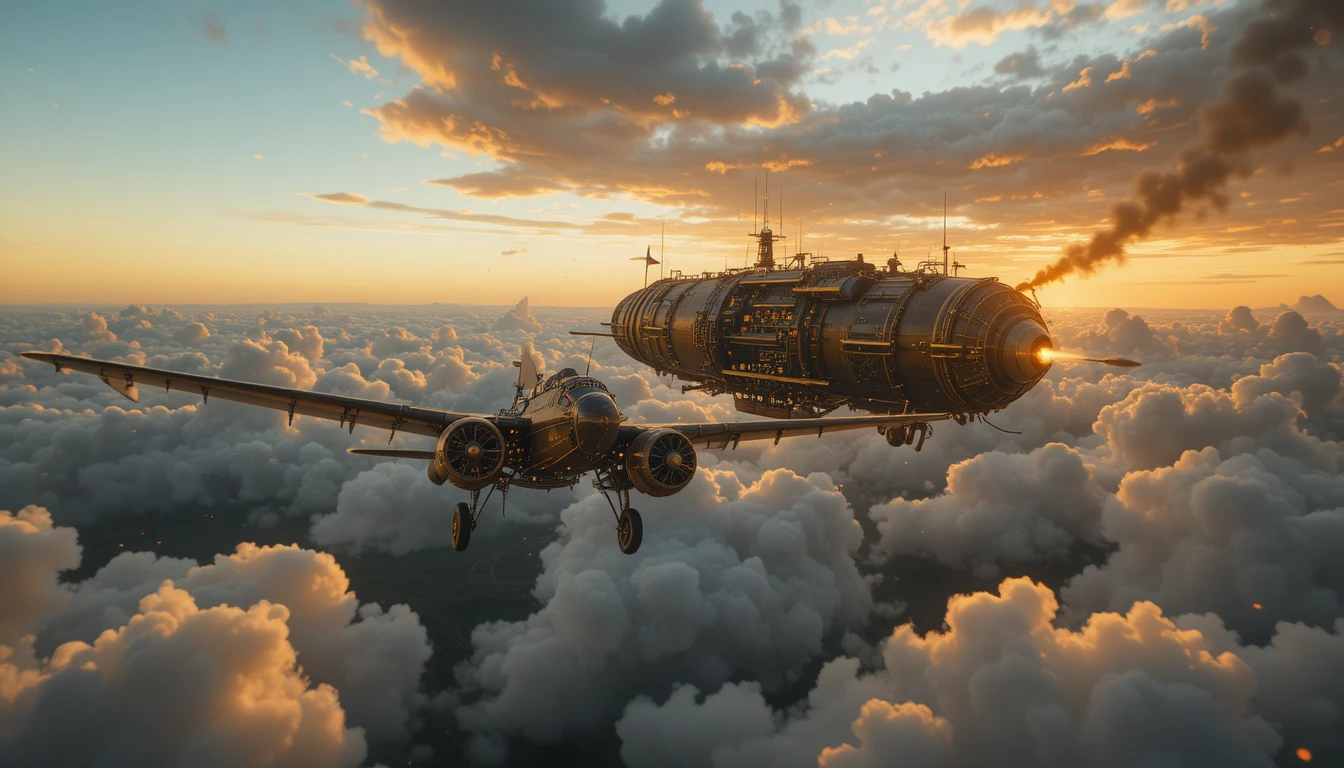 Steampunk airship chase above a golden sunset cloud sea