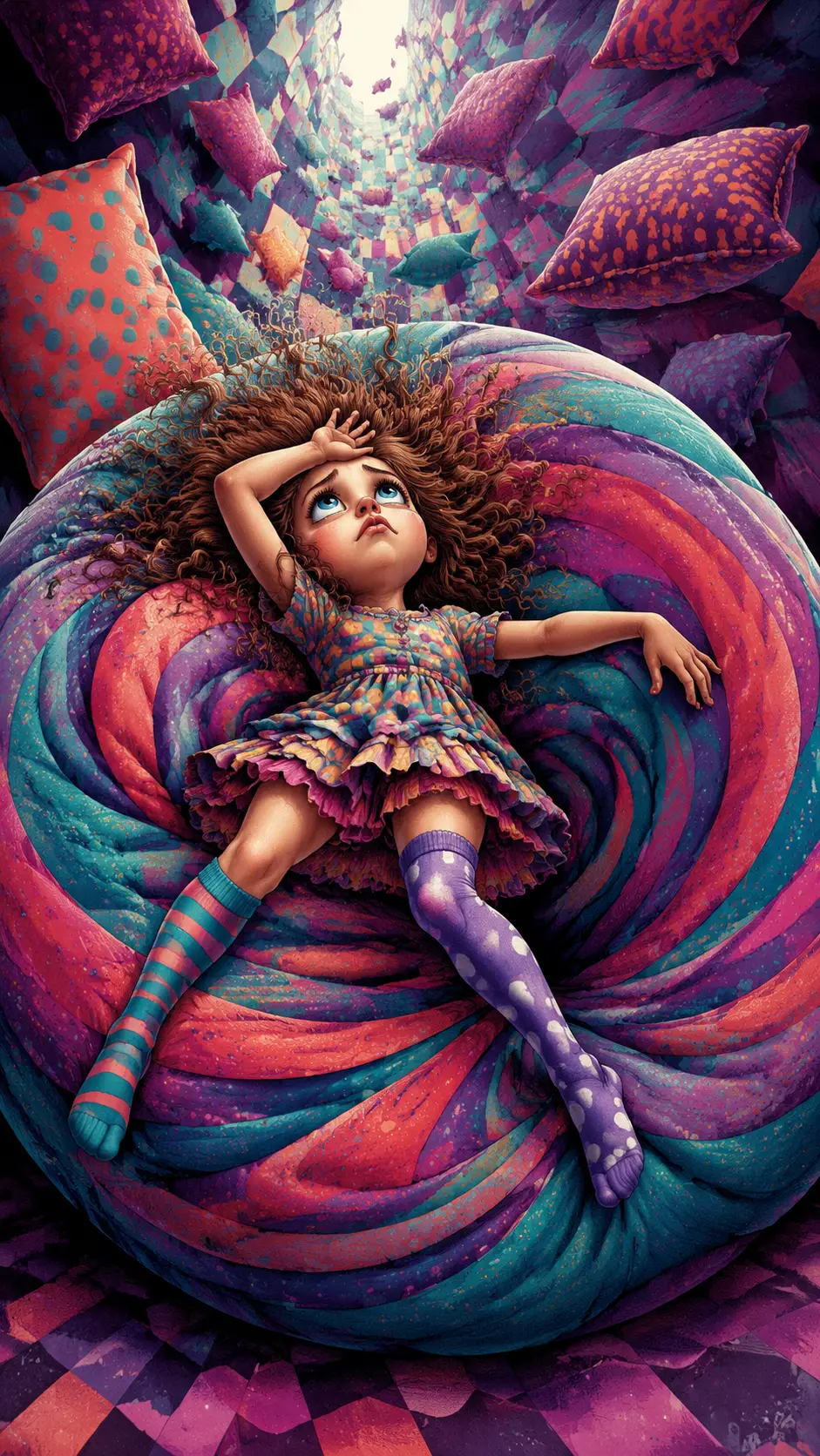 Petite fille dramatique sur un tourbillon de pouf tournoyant