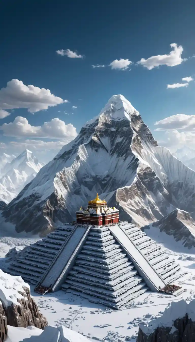 Monte Everest di Lego sotto una mano divina in lontananza