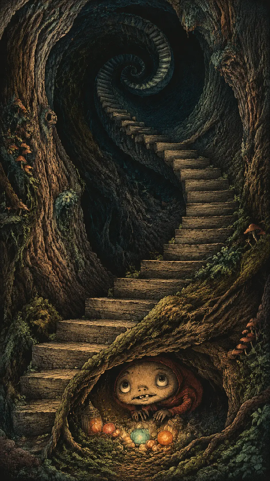 Scala ad albero a spirale con minuscola creatura guardiana