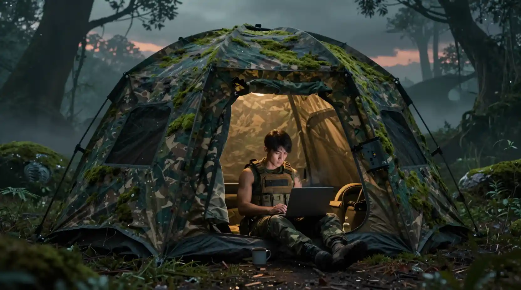 Camouflaged jungle camp with soldier using laptop at night