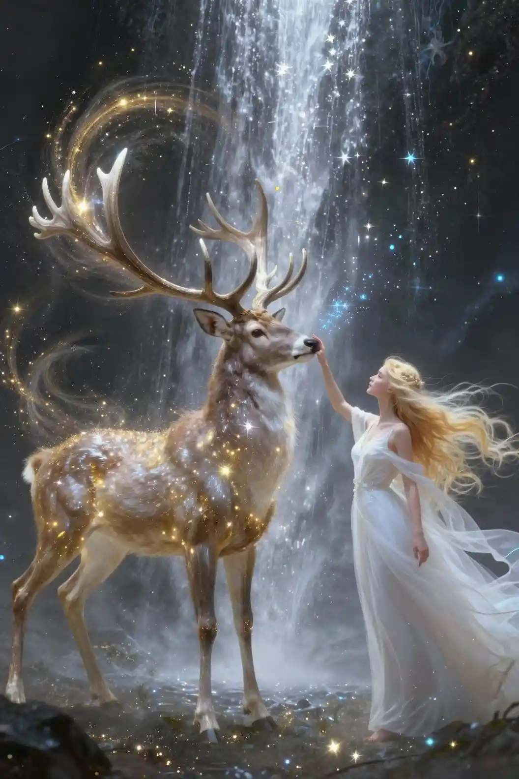 Cervo celestiale di luce stellare e donna eterea