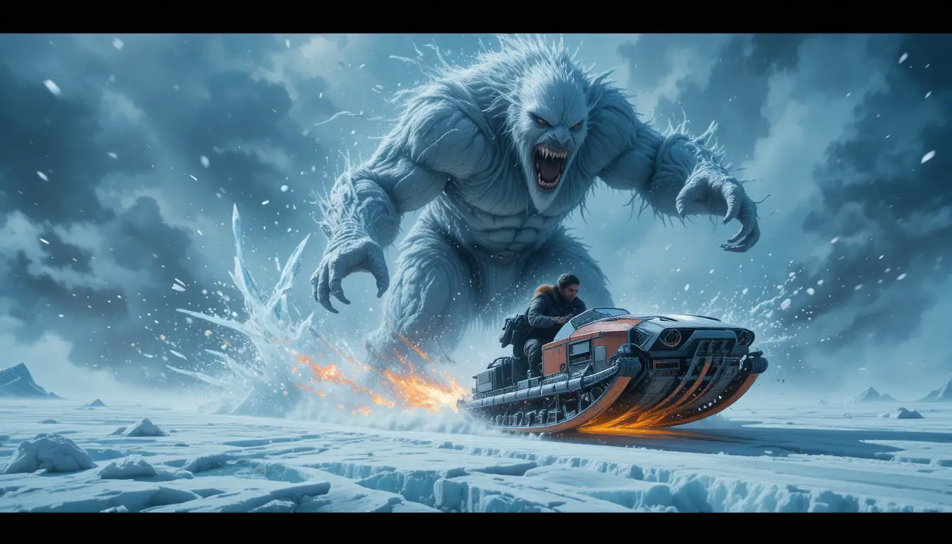 Slitta trainata da lupi meccanici inseguita da un gigantesco yeti di gelo