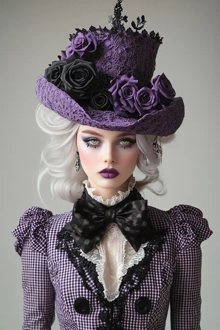 Ritratto di moda surreale di una donna in abito vittoriano viola