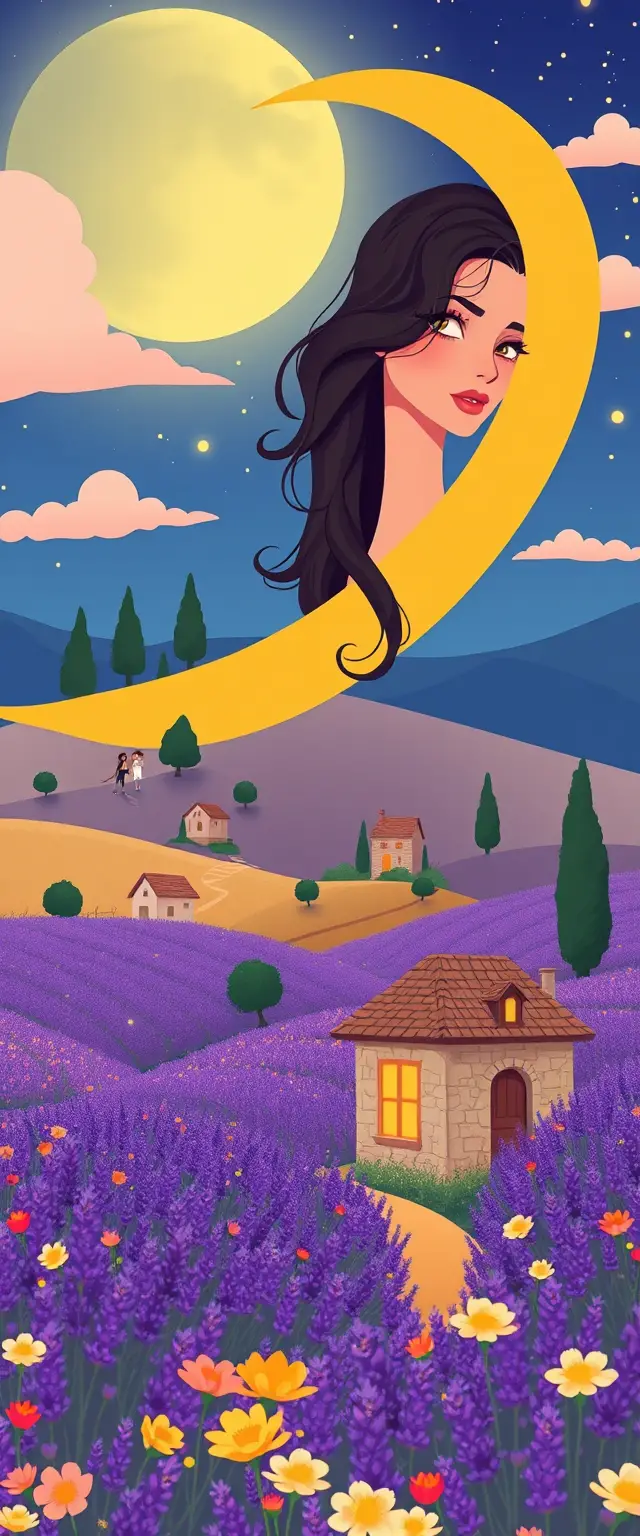 Sleeping woman on crescent moon above quiet village night sky
