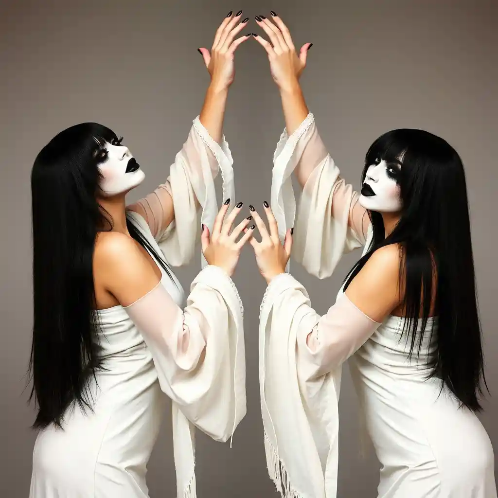 Weibliche Background-Sängerinnen in weißen Kabuki-Bühnenkostümen