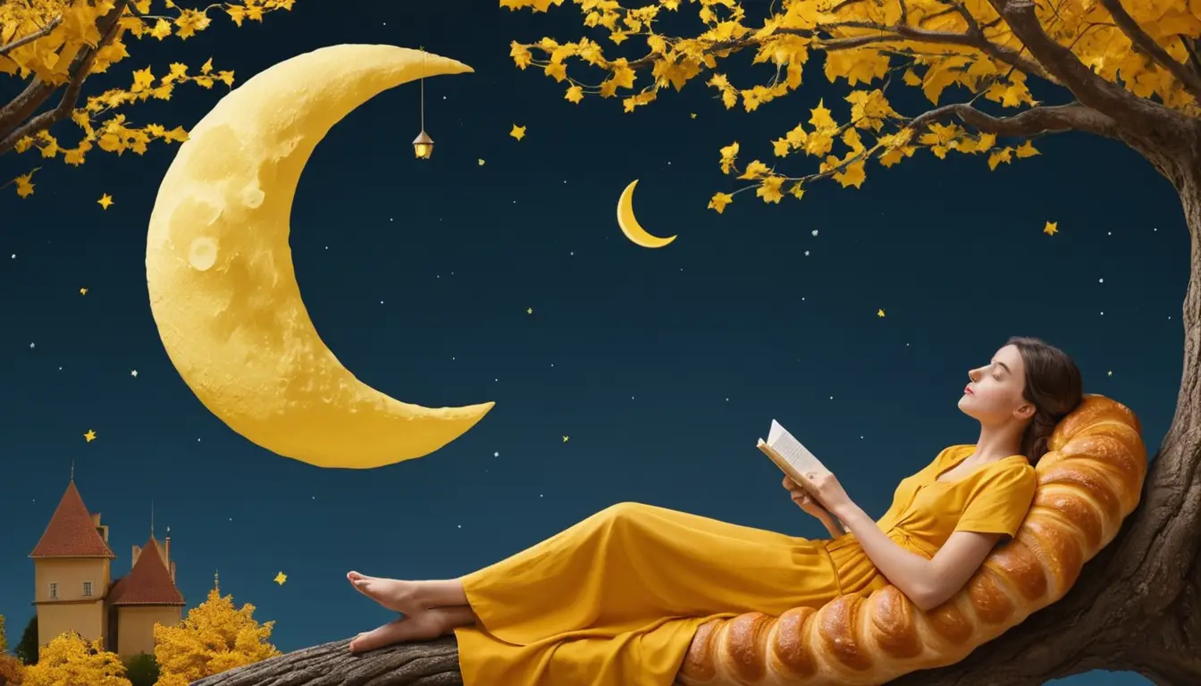 Sleeping woman on crescent moon above quiet night village
