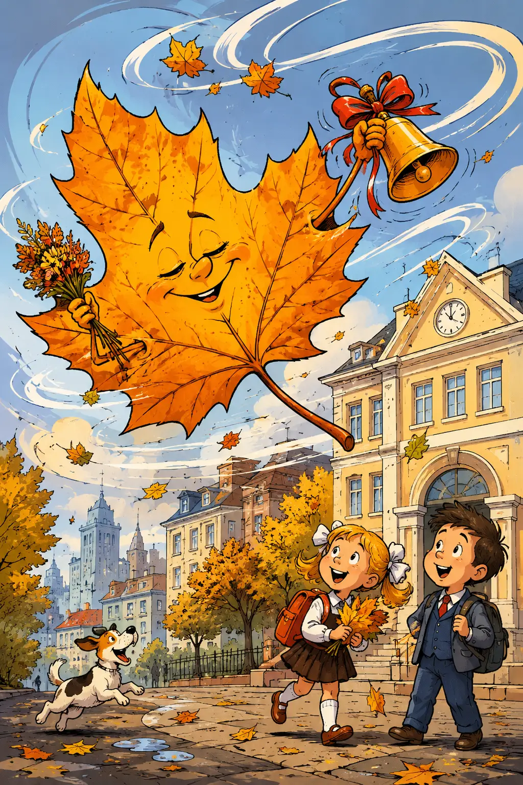 Feuille d’érable dessin animé tourbillonnant dans une douce brise d’automne