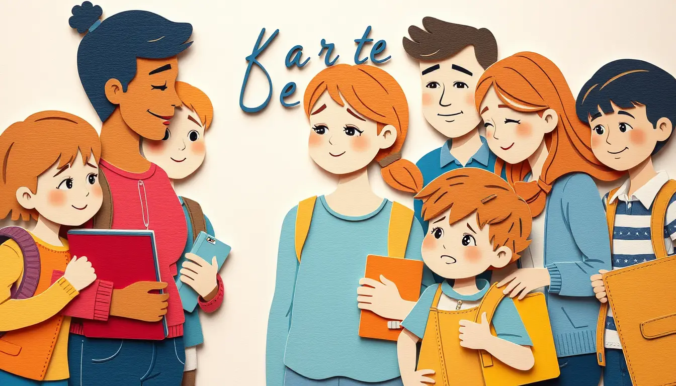 Parents and children at back to school in paper cut style