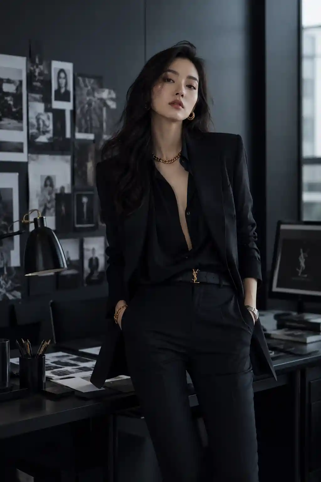 Joven ejecutiva de publicidad en una elegante pose de moda moderna