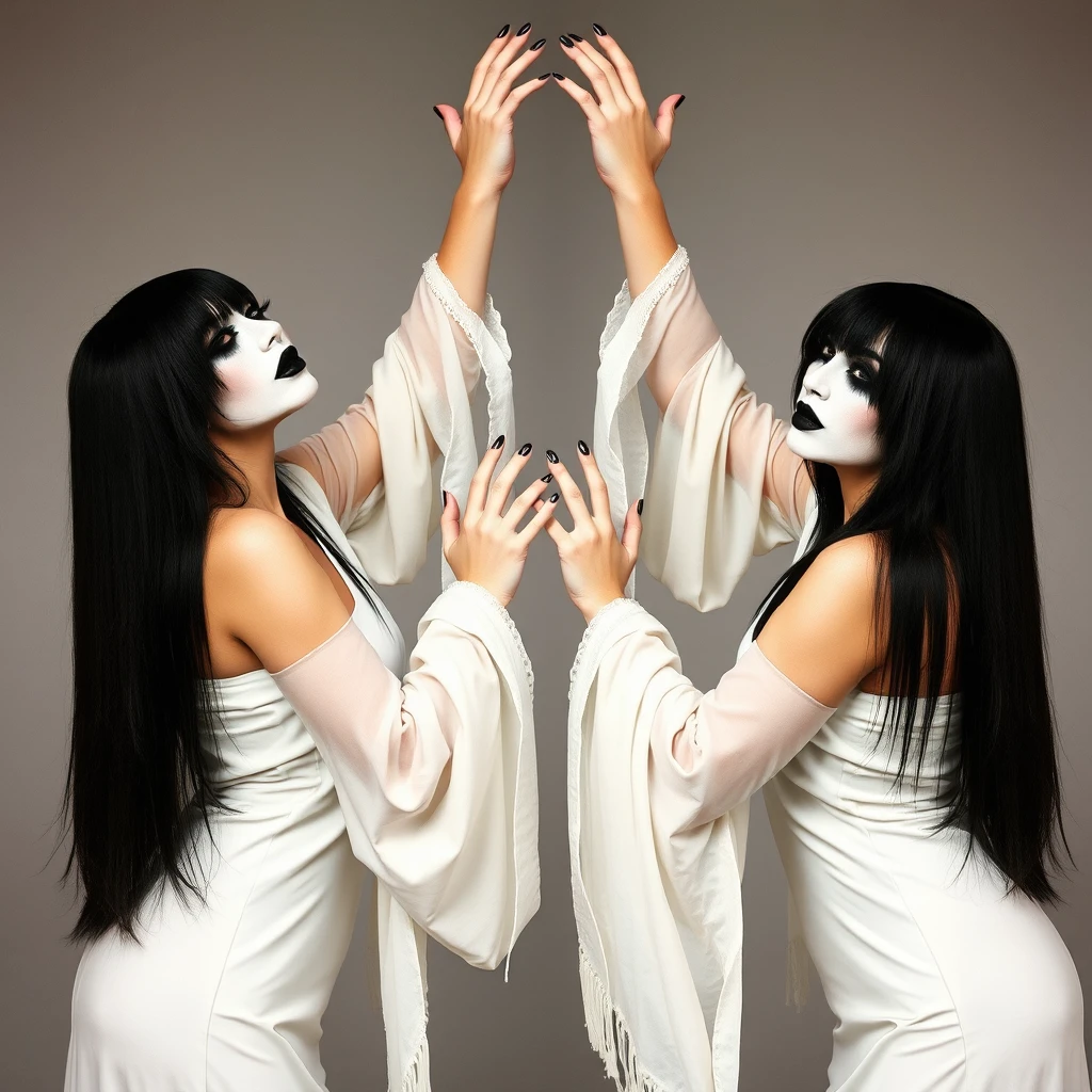 Weibliche Background-Sängerinnen in weißen Kabuki-Bühnenkostümen