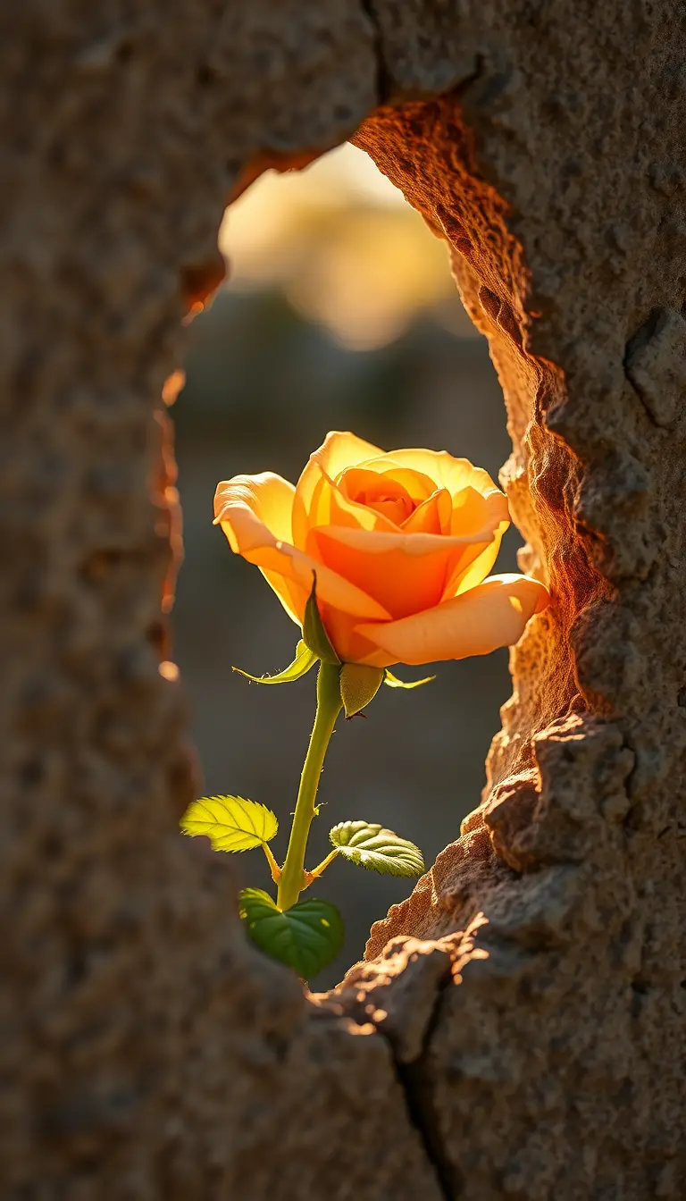 Unique rose pêche fleurissant à travers un mur de pierre rugueux