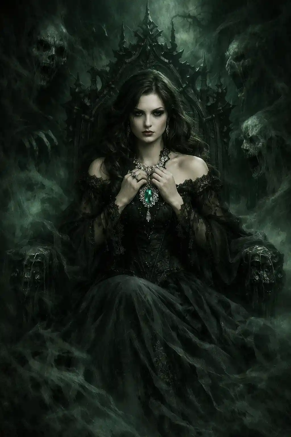 Gothic woman on a dark throne with haunted faces