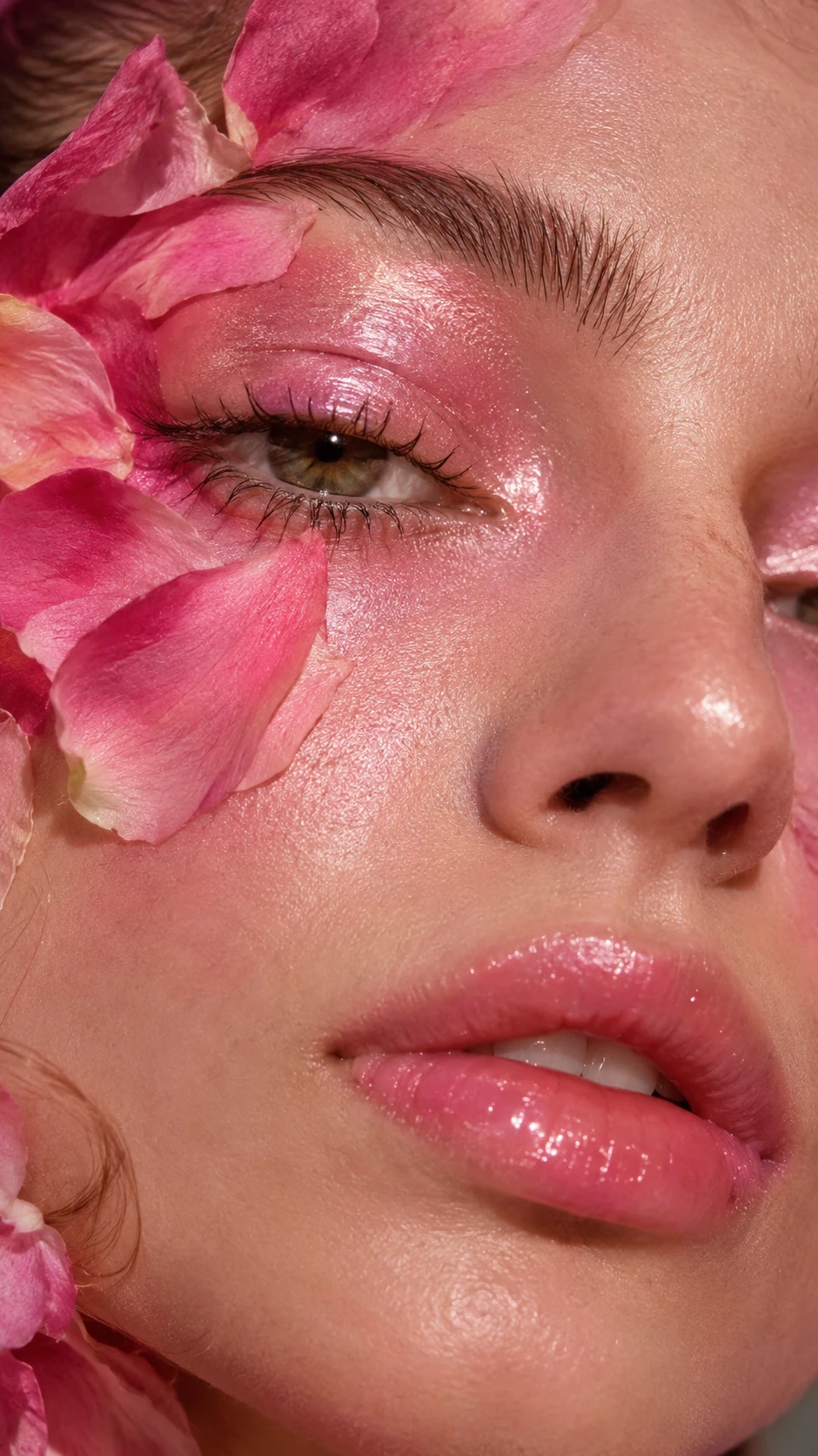 Portrait beauté en très gros plan avec maquillage rose d’inspiration florale