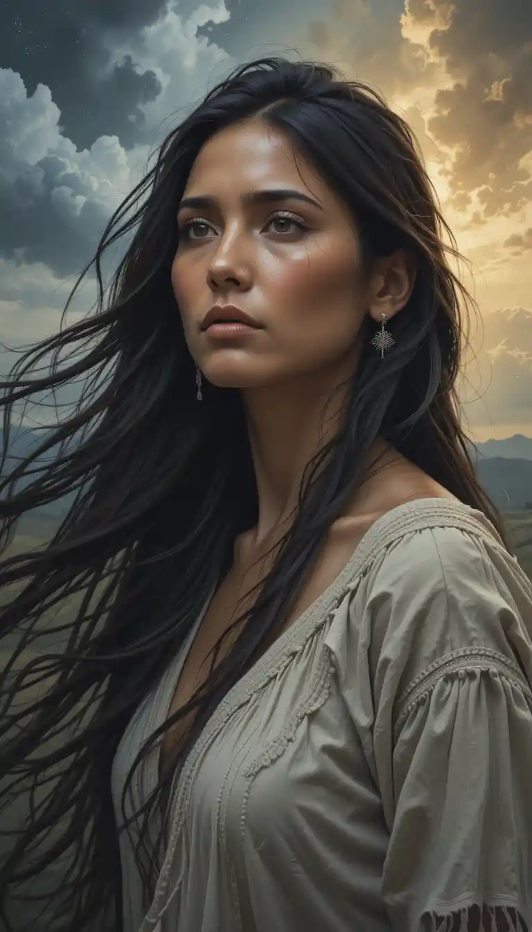 Native American woman portrait under a stormy sky