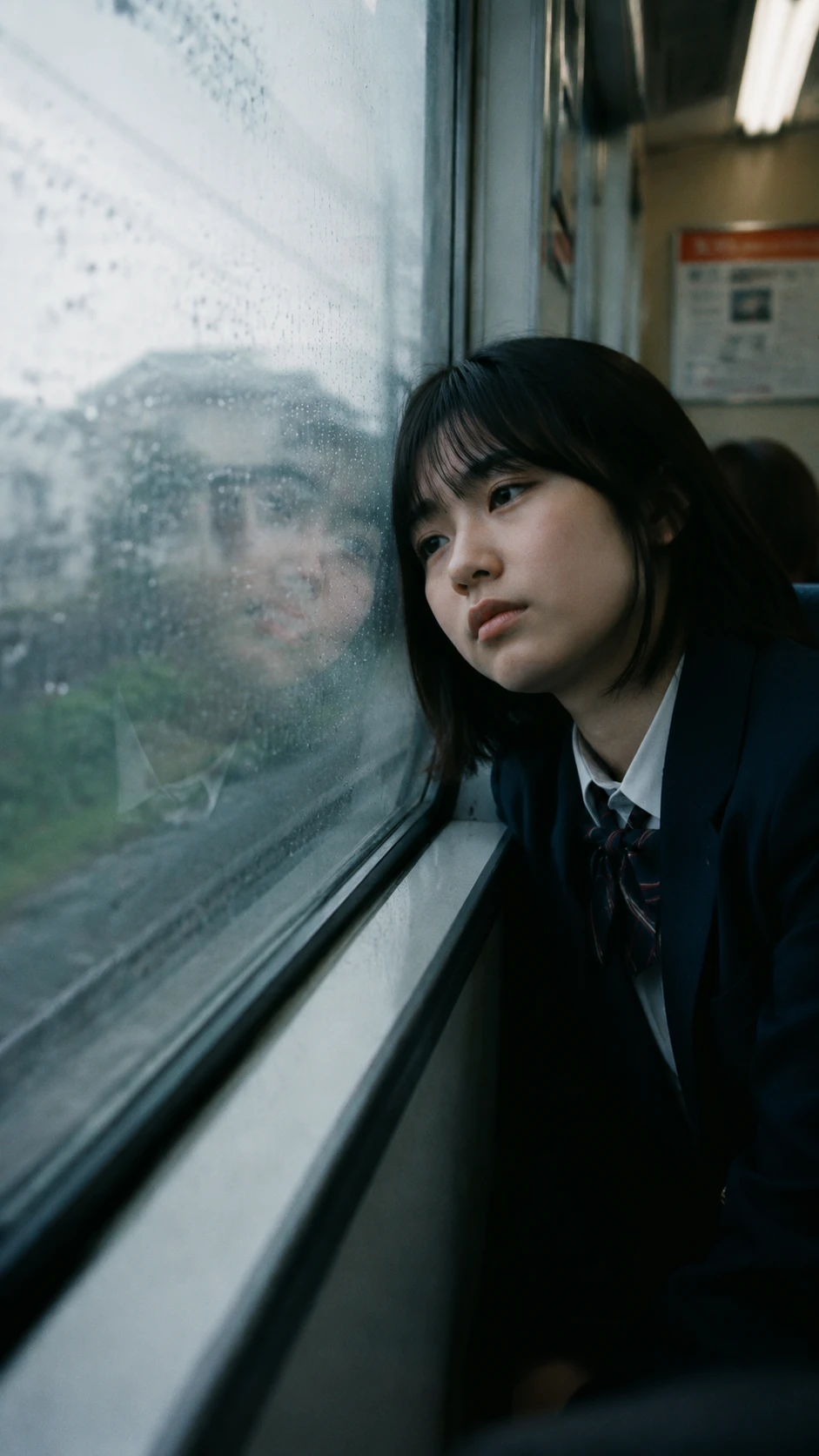 Teenage girl gazing through rainy window on a quiet train