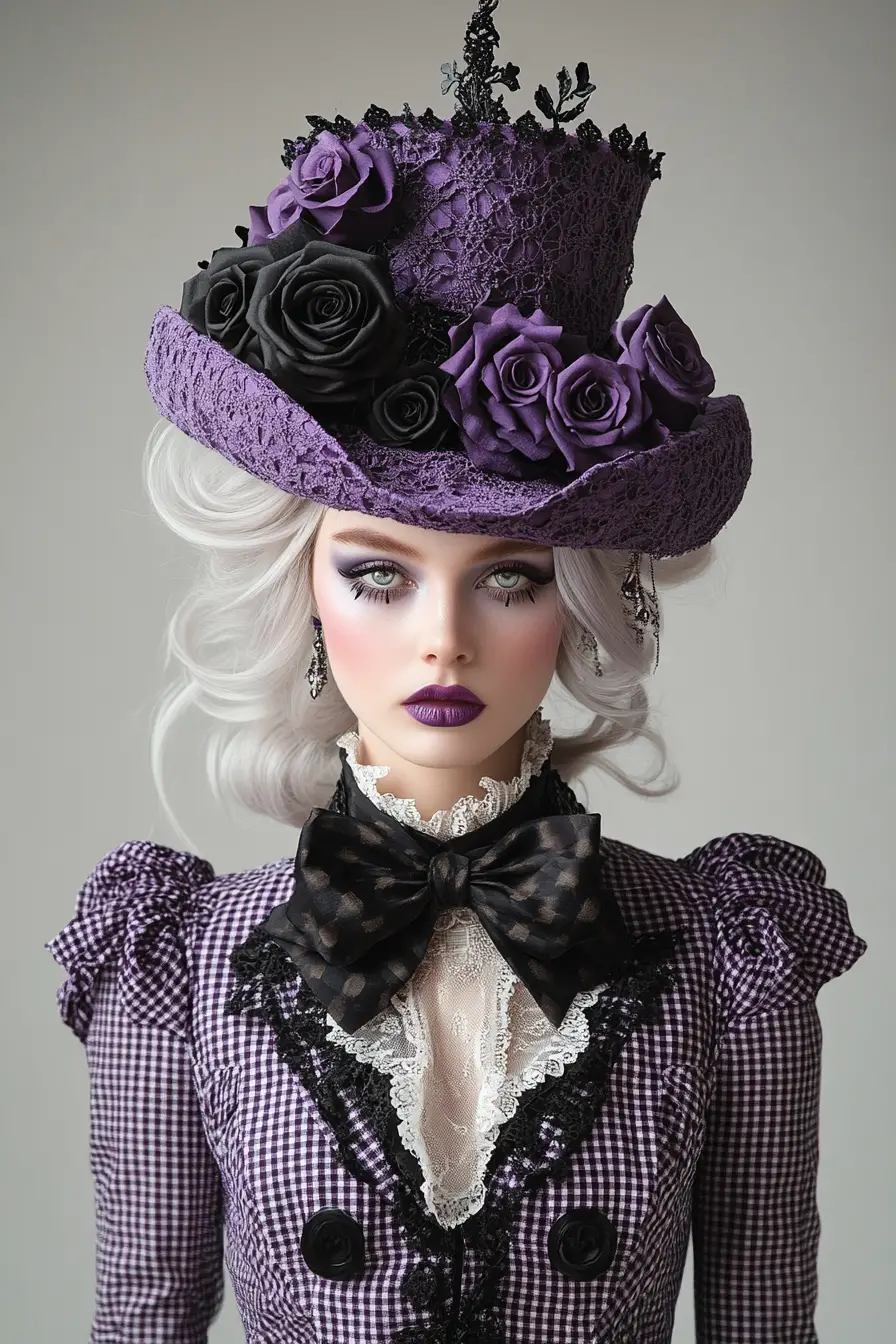 Portrait de mode surréaliste d’une femme en tenue victorienne violette