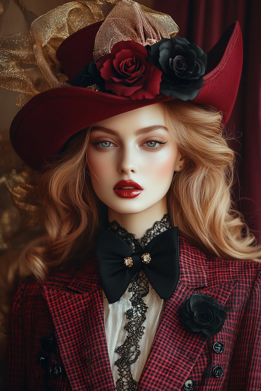 Ritratto di moda surreale di una donna in sontuoso abito rosso