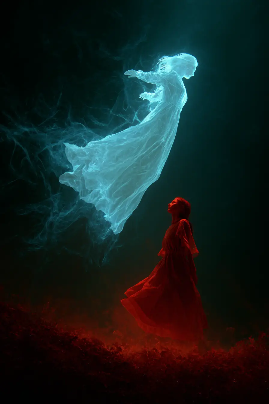 Ghostly woman hovering above glowing red figure in darkness