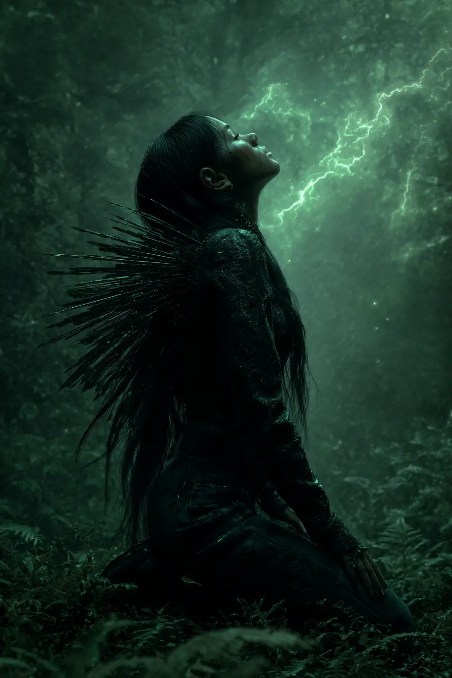 Donna terrificante con schiena spinosa in una foresta oscura e tempestosa
