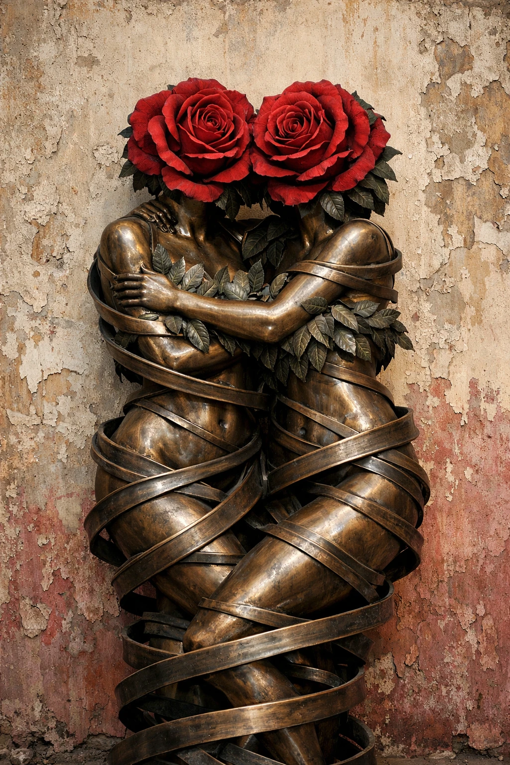 Bronze female statues entwined with roses before aged wall