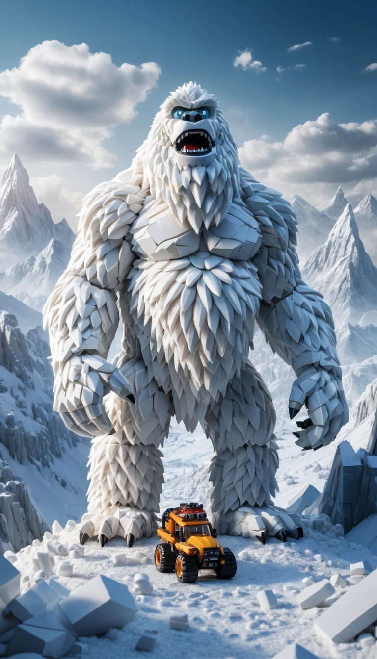 Yeti Lego gigantesco su una montagna di mattoncini innevata
