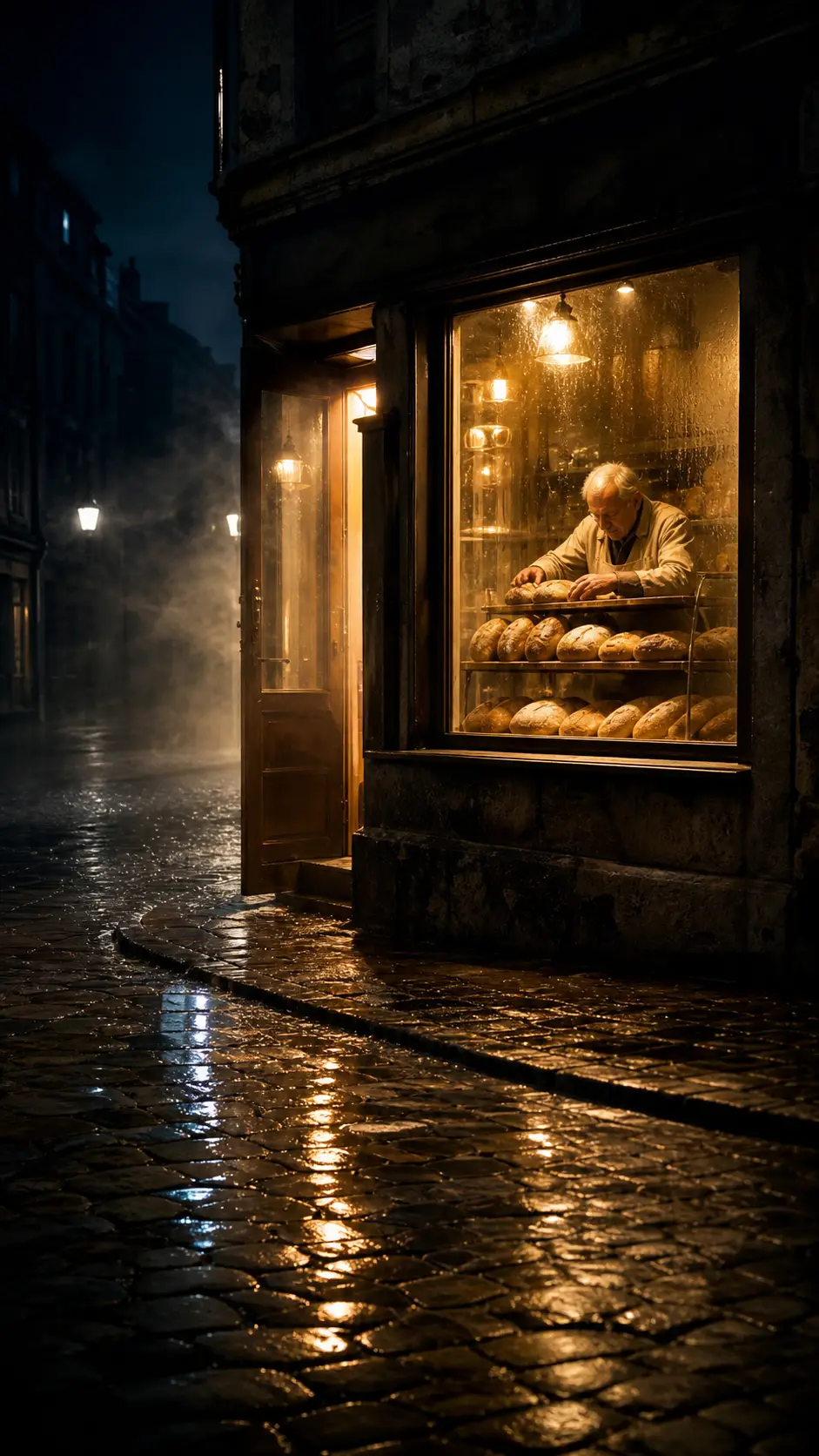 Boulangerie chaleureuse illuminant une rue nocturne déserte et pluvieuse