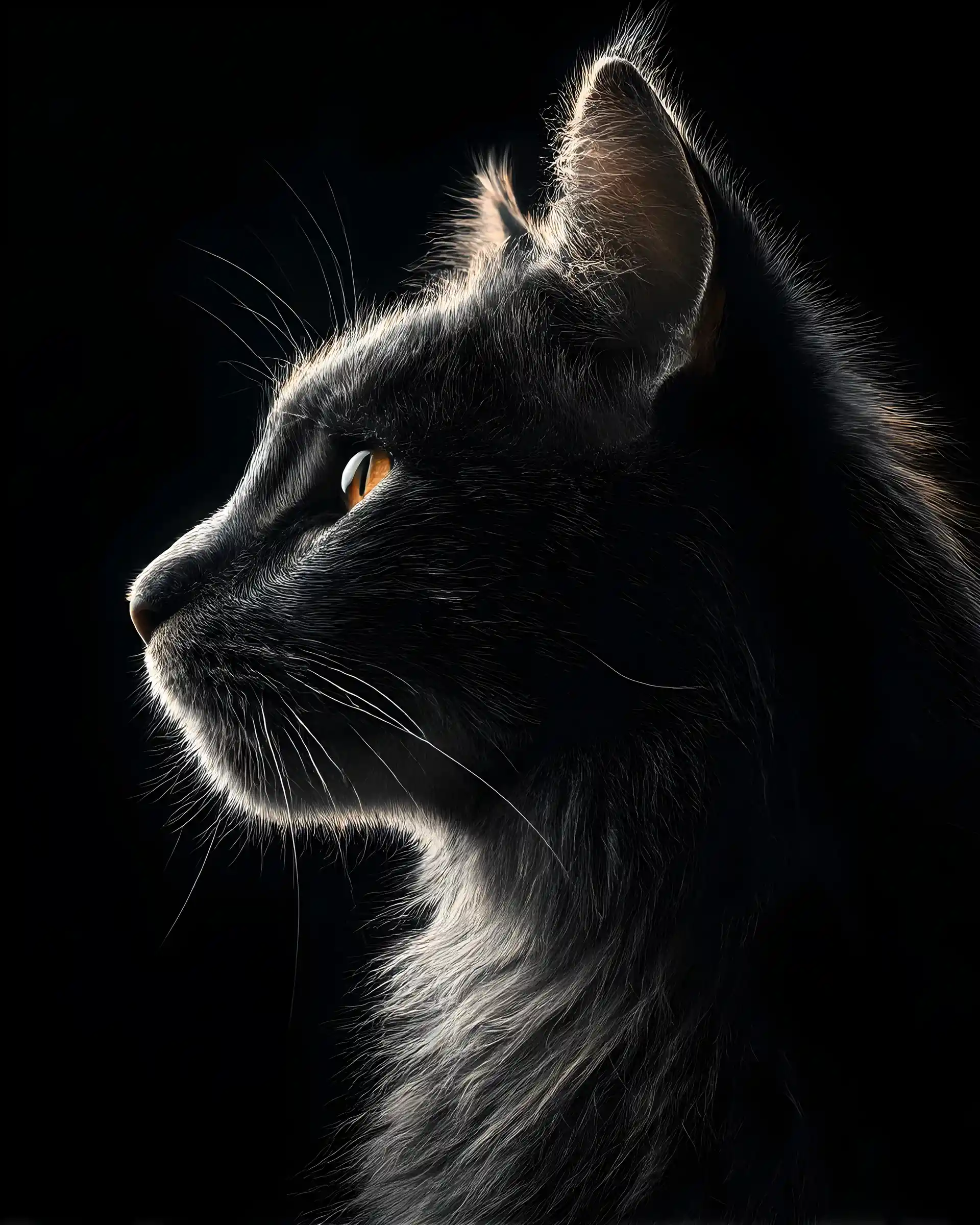 Ritratto drammatico di profilo laterale di un gatto in luce olografica
