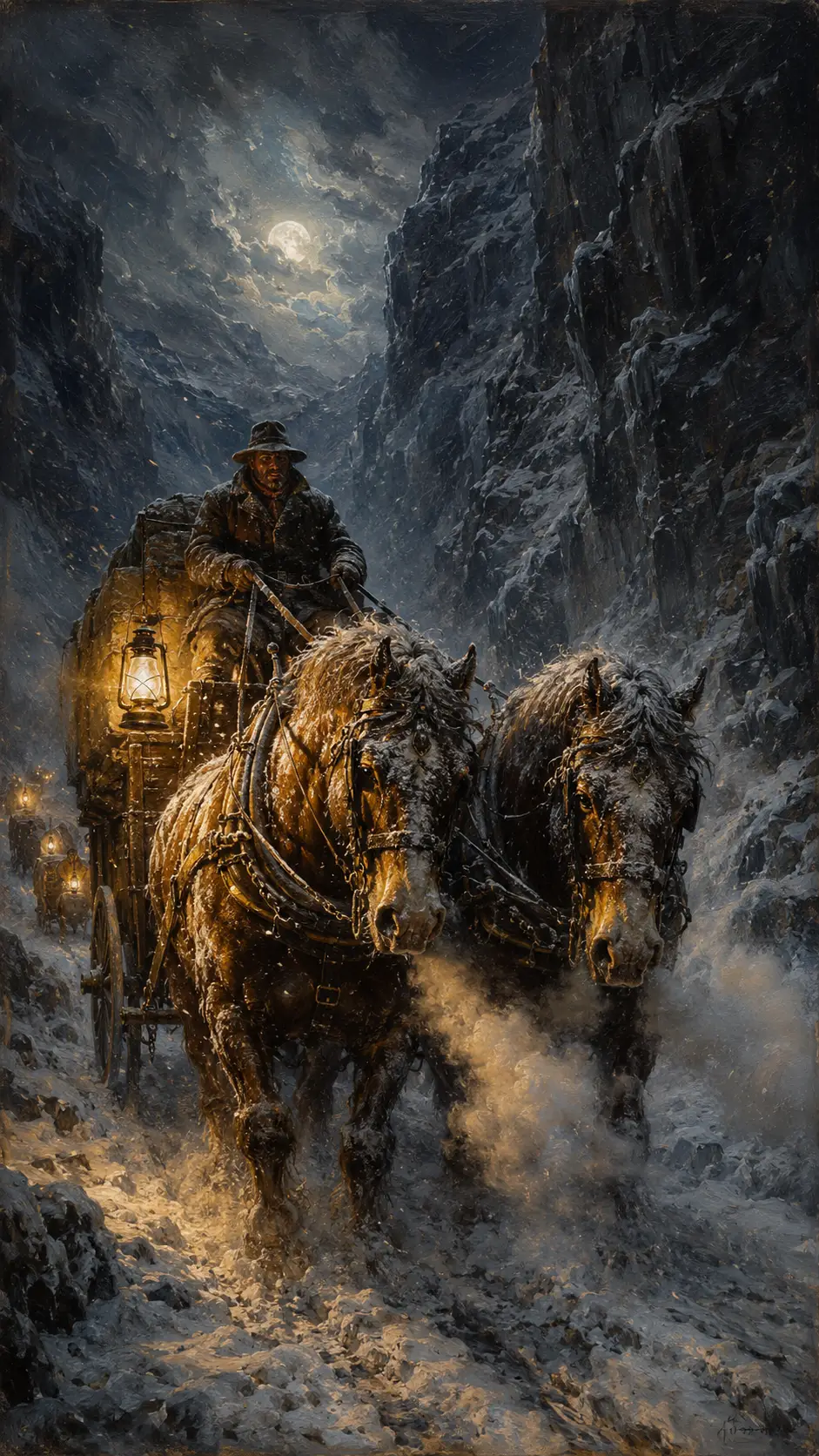 Carro de caballos de frontera en un paso de montaña nevado de noche