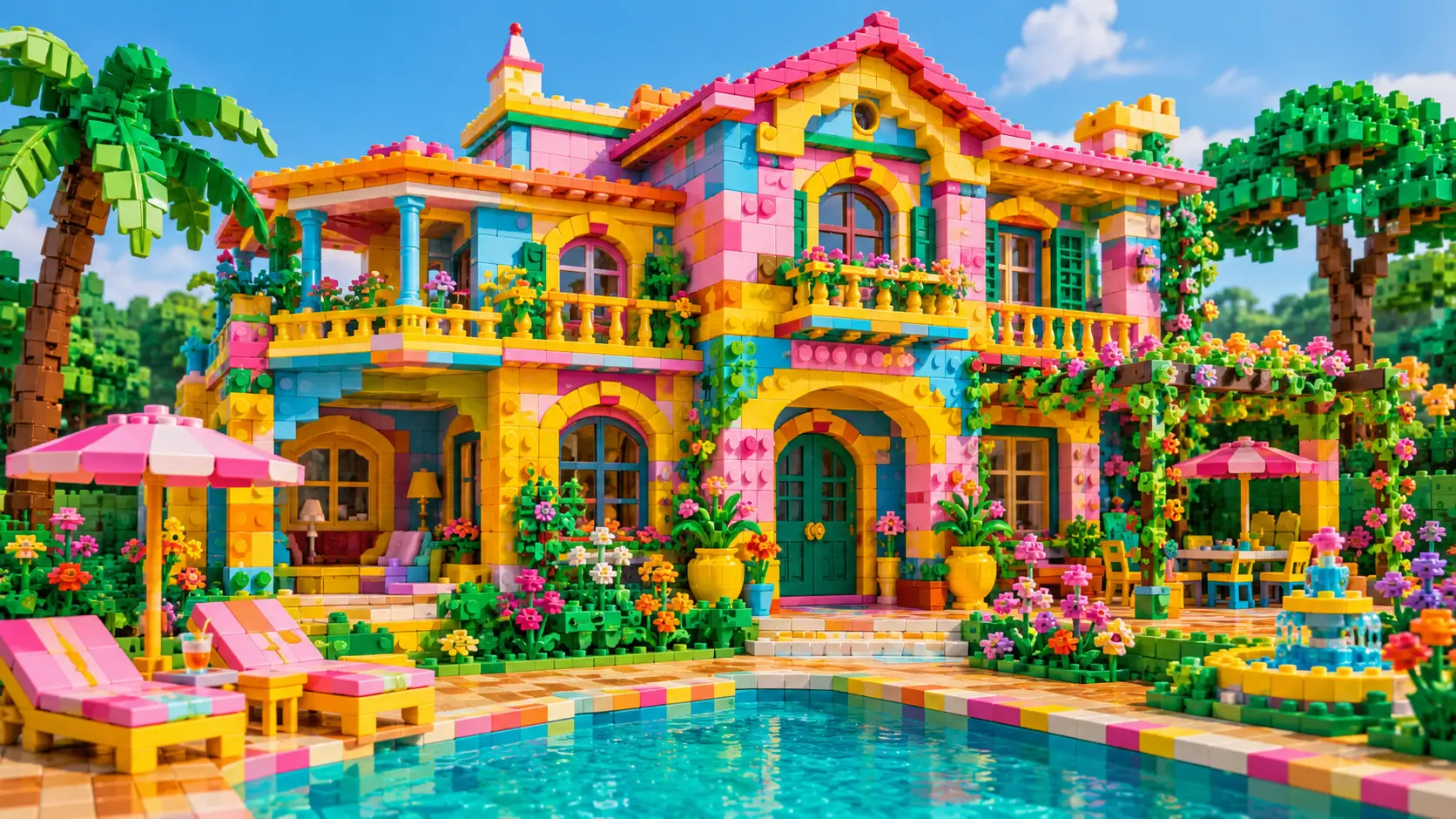 Colorata villa Lego con giardini e piscina turchese