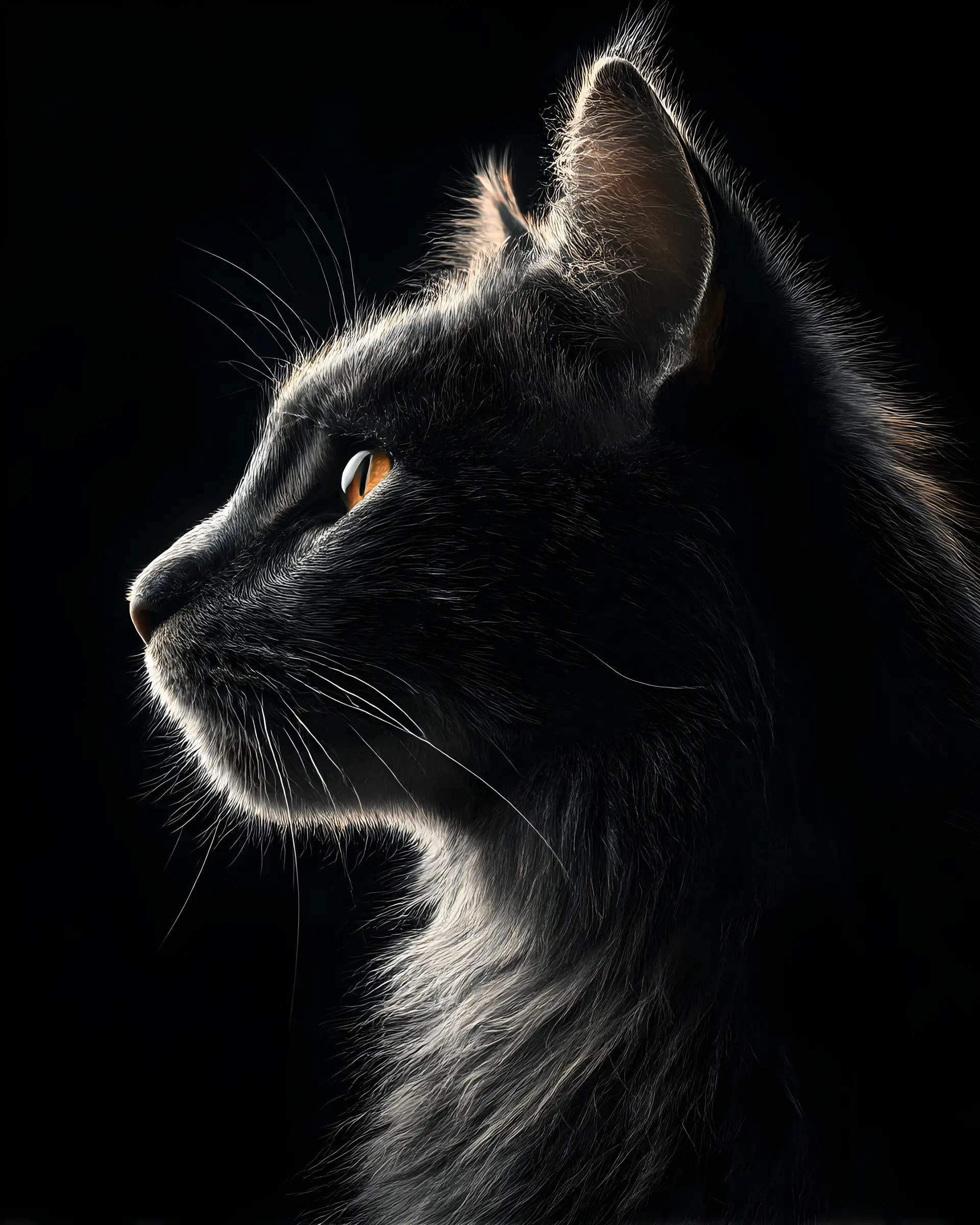 Ritratto drammatico di profilo laterale di un gatto in luce olografica