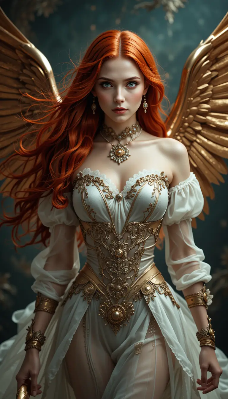 Heroína angelical de alas de cobre y fluida melena pelirroja
