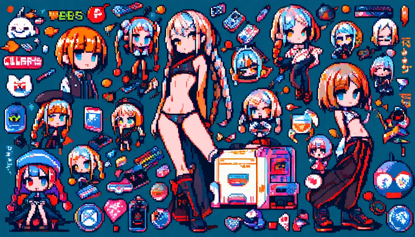 Anime girls in colorful pixel art underwear scene