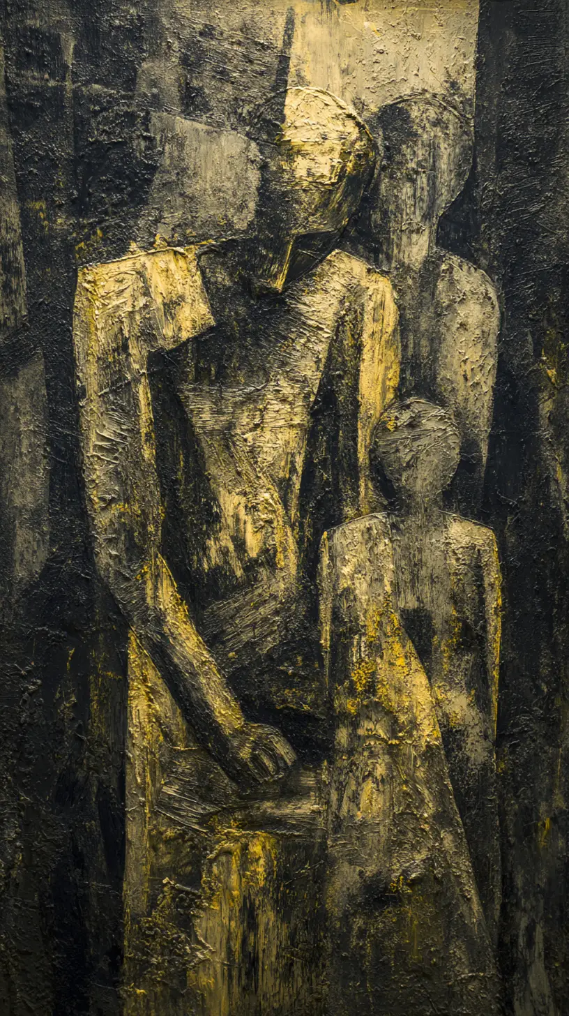 Pintura oscura al impasto con figuras en un espacio comprimido y en sombras