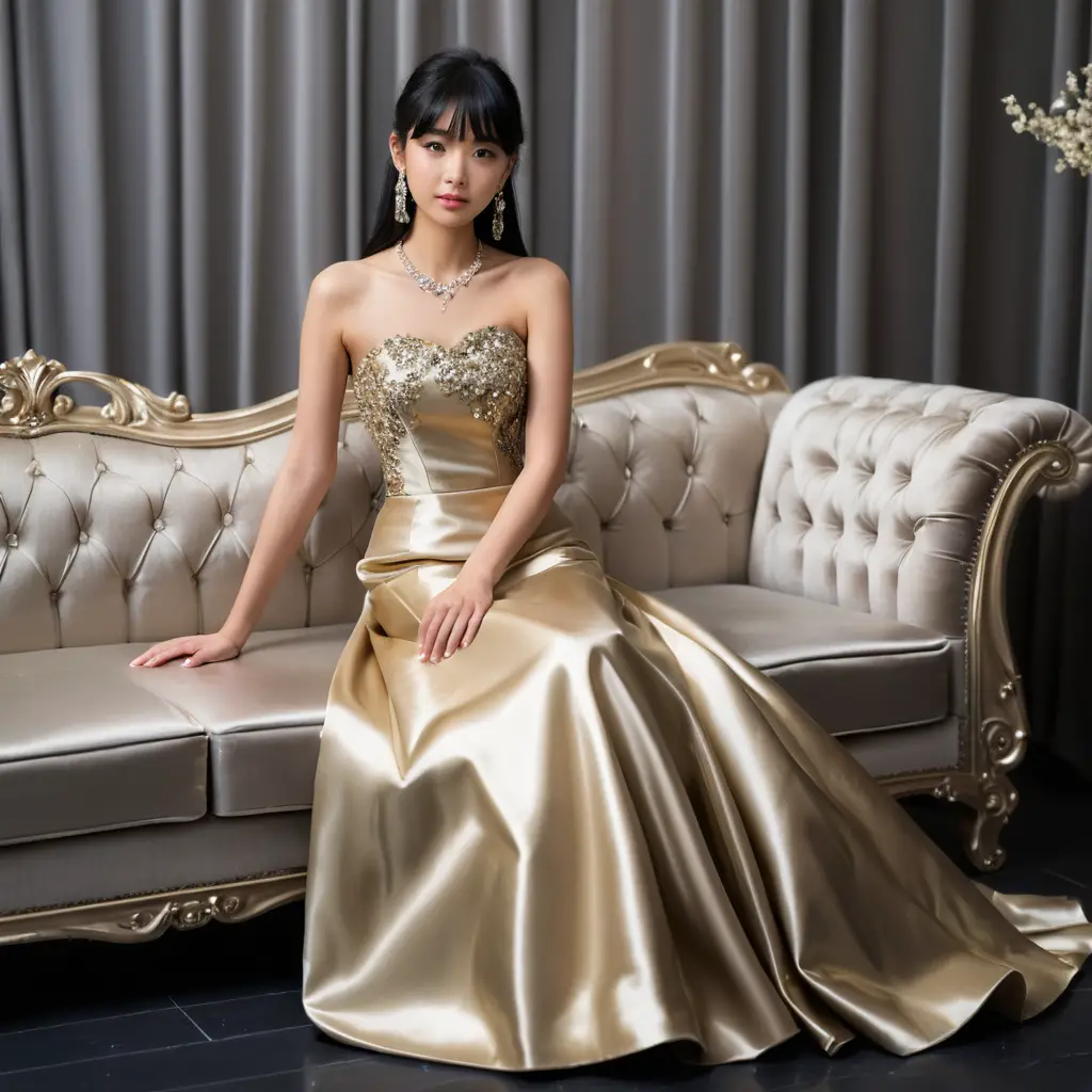 Elegantes japanisches Mädchen in einem goldenen Satin-Abendkleid