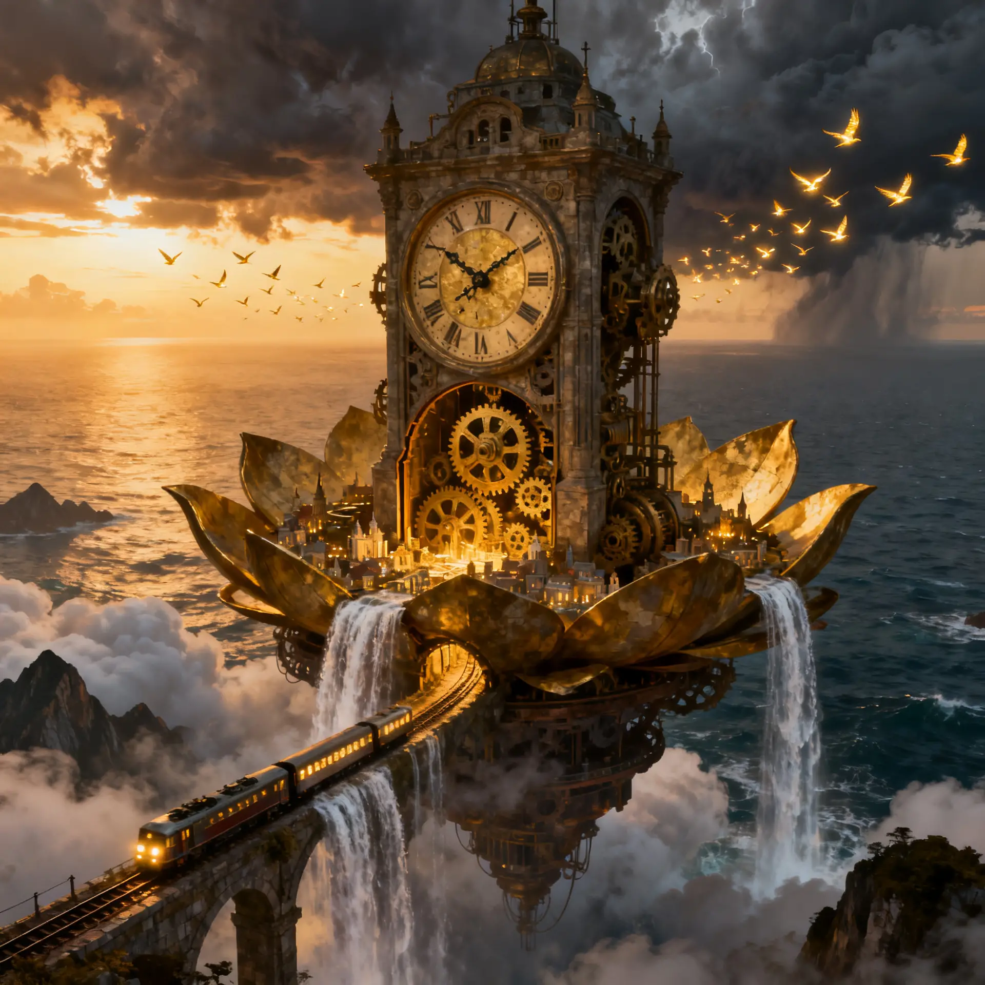 Antigua ciudad flotante de torre de reloj sobre un océano infinito