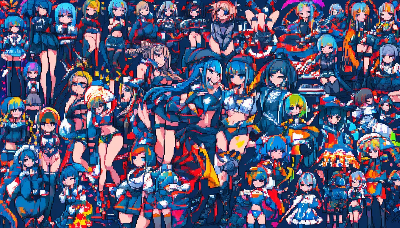 Anime girls in colorful pixel art gaming scene