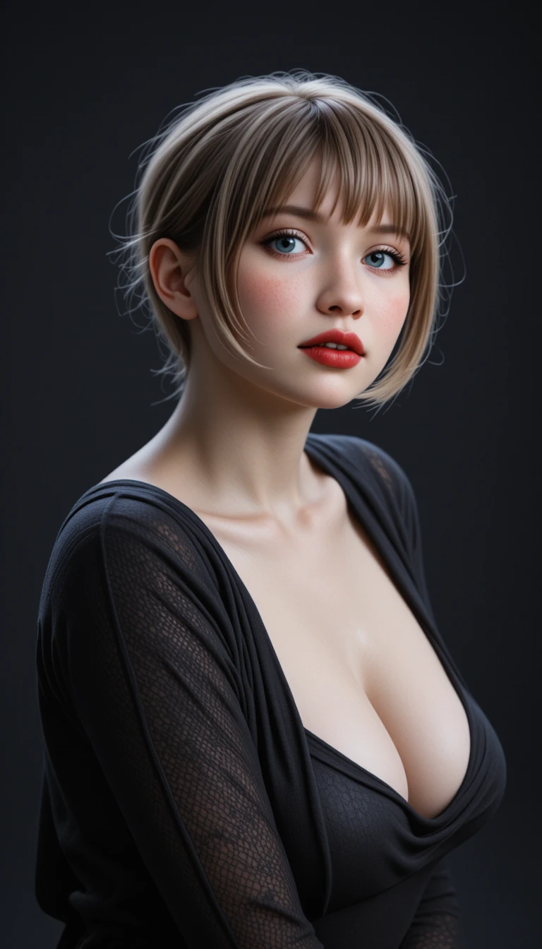 哥德女孩側臉肖像，帶著撩人微笑與黑色背景