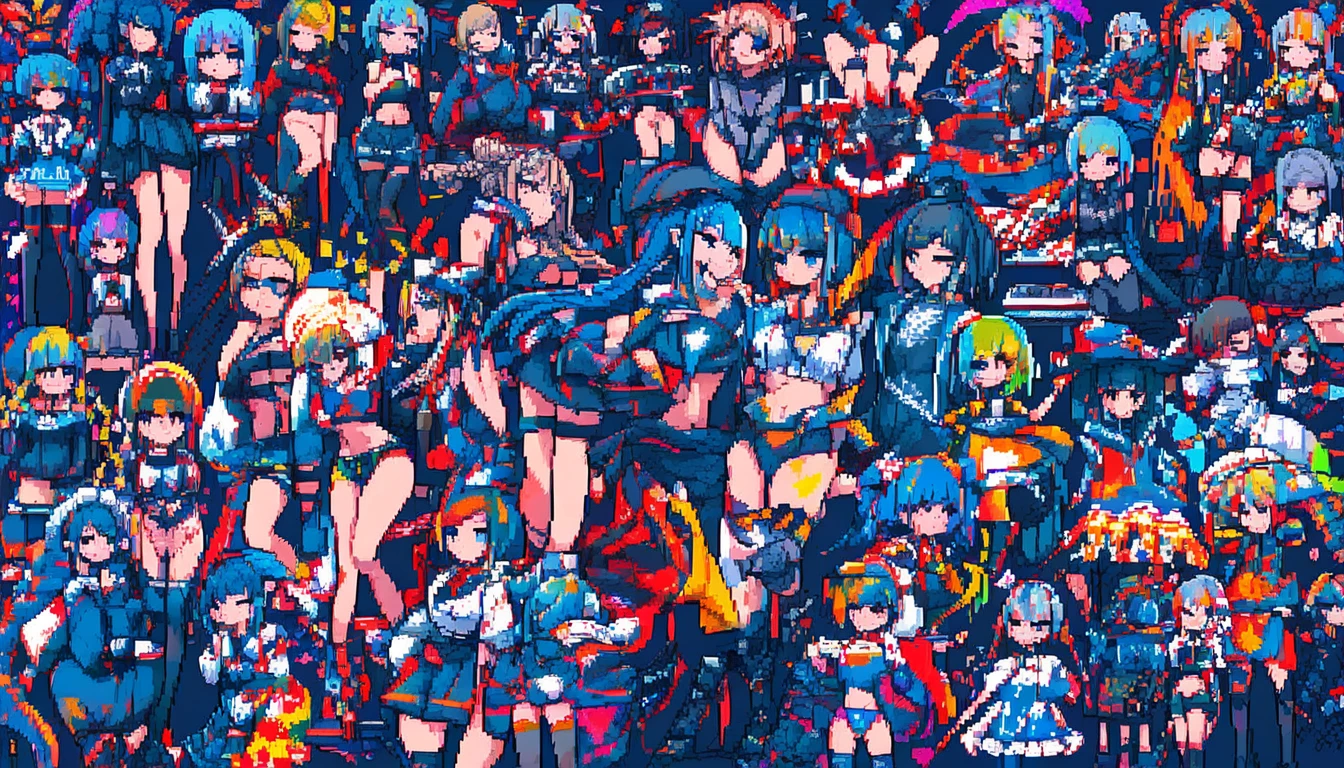 Anime girls in colorful pixel art gaming scene