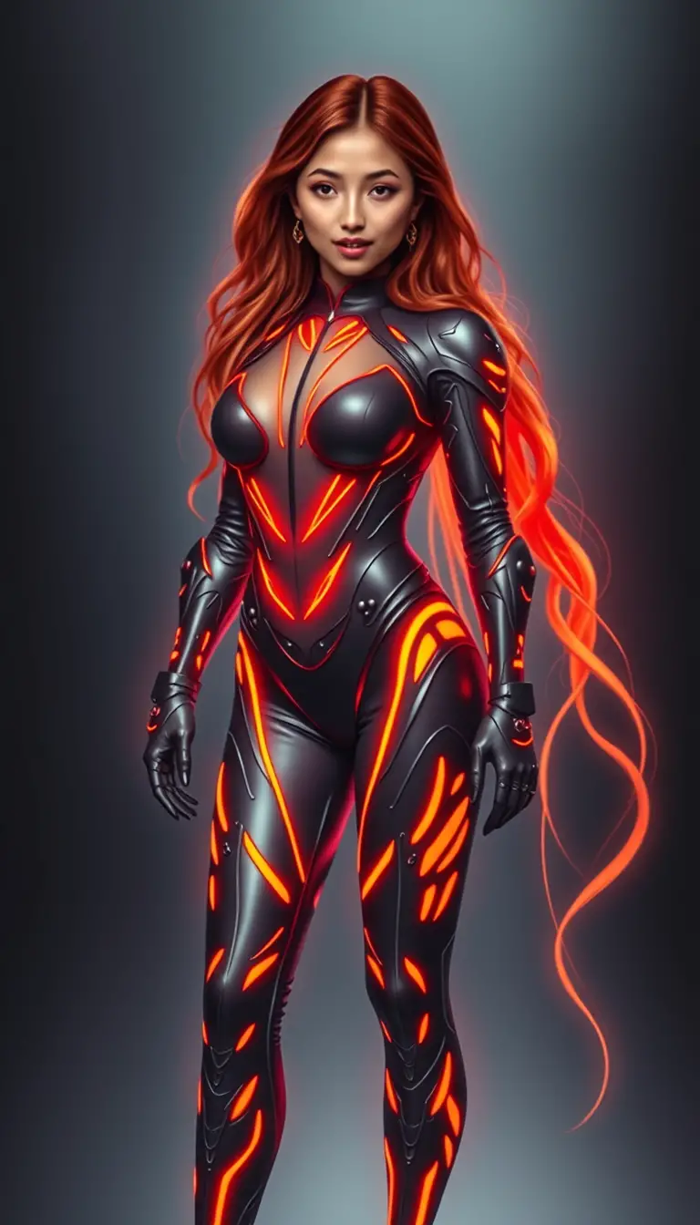 Futuristische Fashion-Frau mit leuchtend neonorangenen Haaren