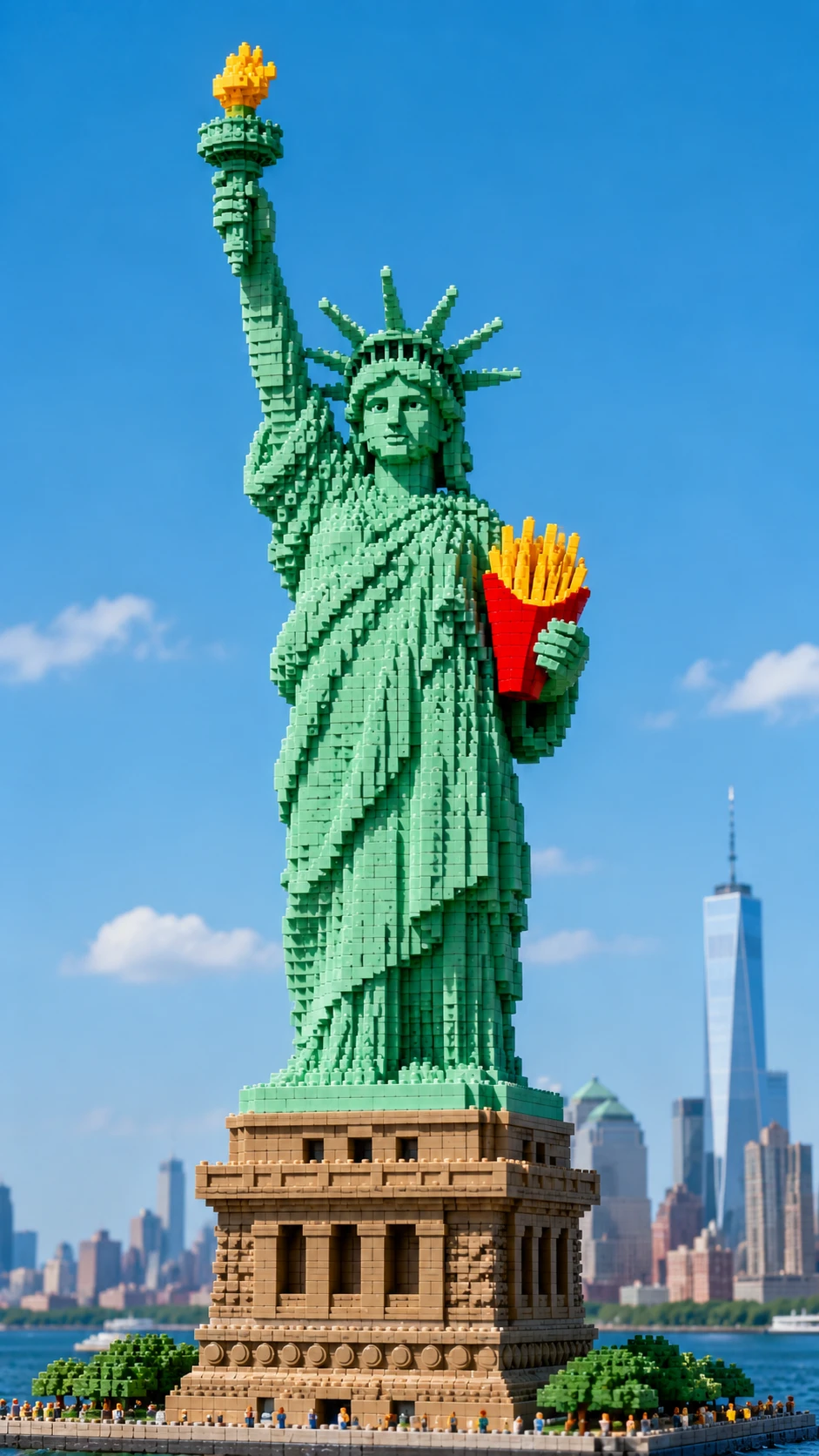 Statua della Libertà Lego che regge un cono di patatine fritte