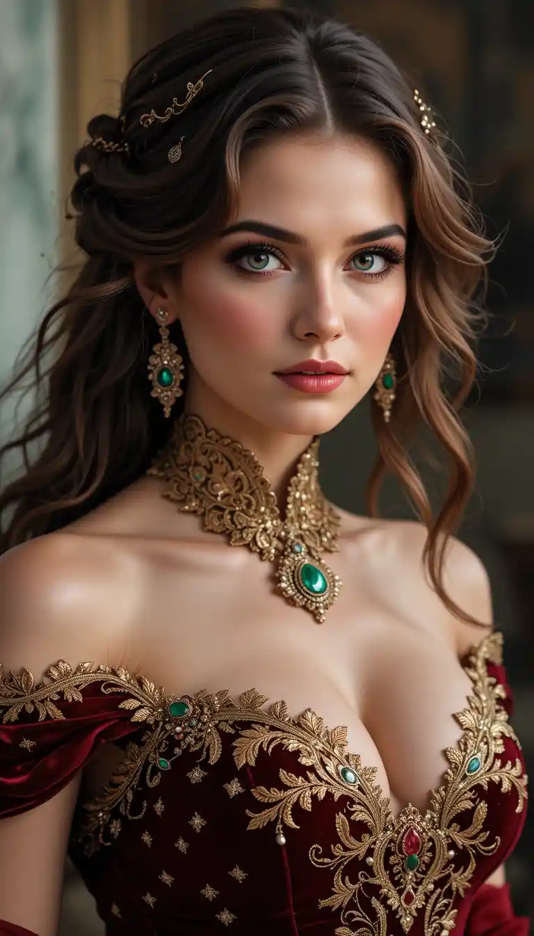 Elegante Adlige in dunkelrotem Samtkleid mit goldener Spitze