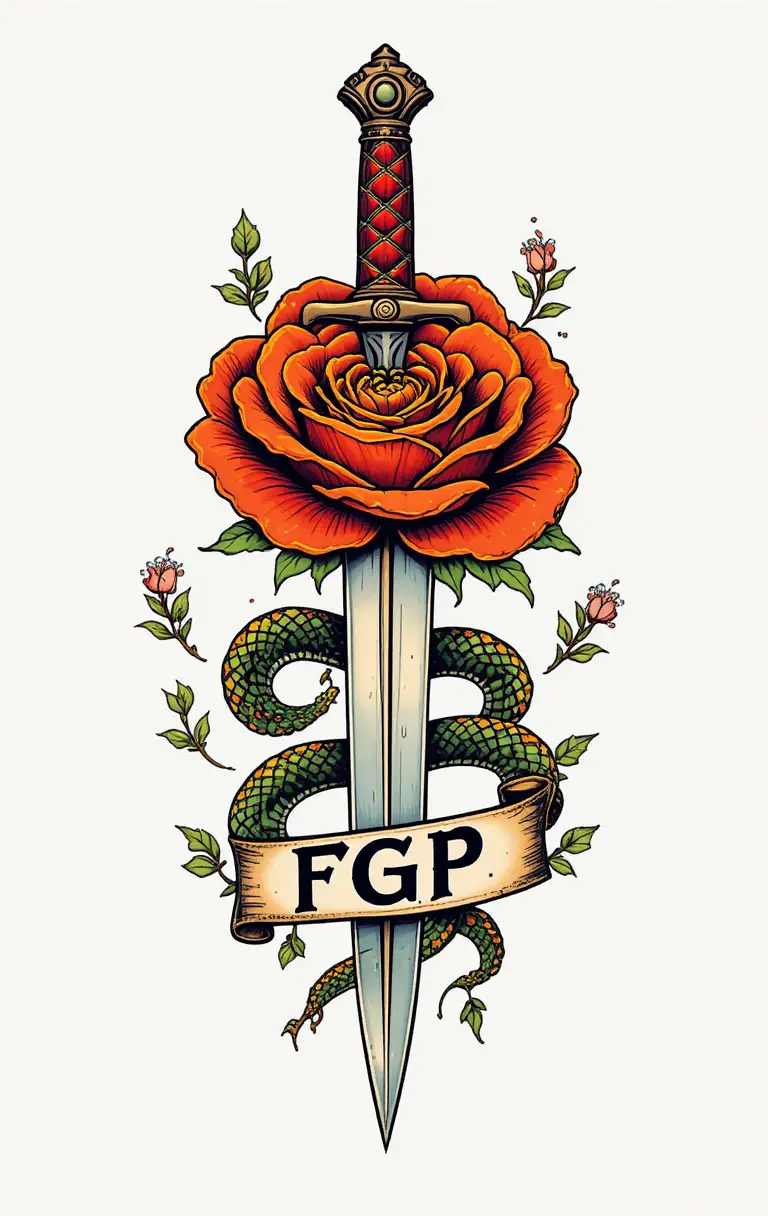 Classic dagger and rose traditional tattoo illustration