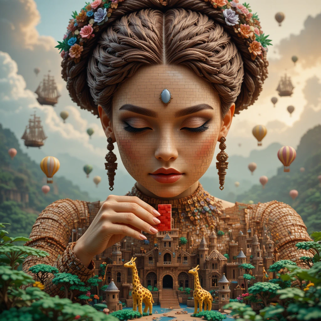 Giant goddess girl sculpting a tiny fantasy brick kingdom