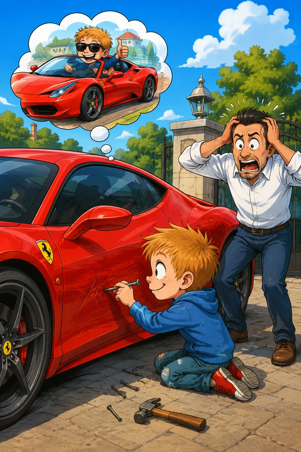 Verspielte Comic-Illustration eines Jungen mit rotem Sportwagen