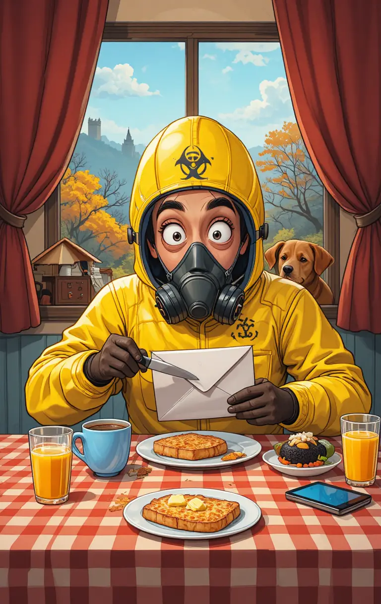 Uomo in tuta gialla hazmat apre la posta al tavolo della colazione