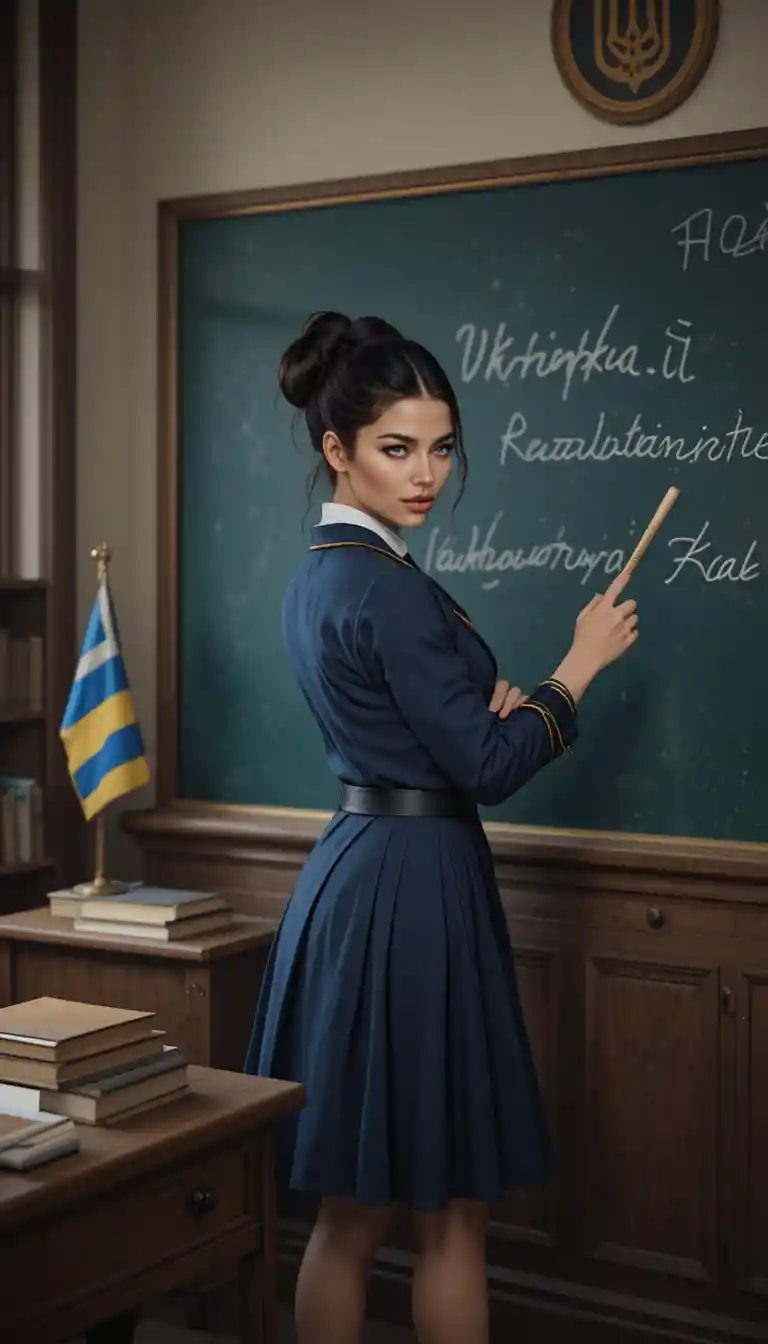 Élégante enseignante ukrainienne pointant un texte en cursive au tableau