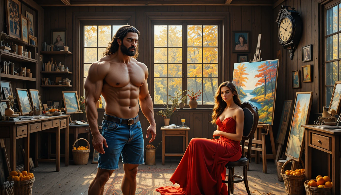 Muscular man and elegant woman in rustic artist studio