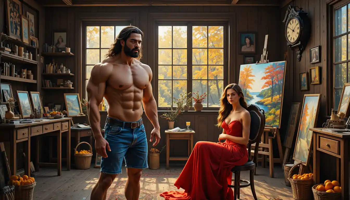 Muscular man and elegant woman in rustic artist studio
